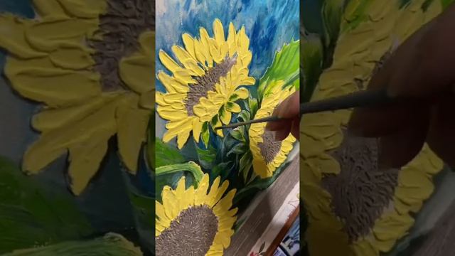 Картина маслом "Воробей и подсолнухи" смотреть онлайн