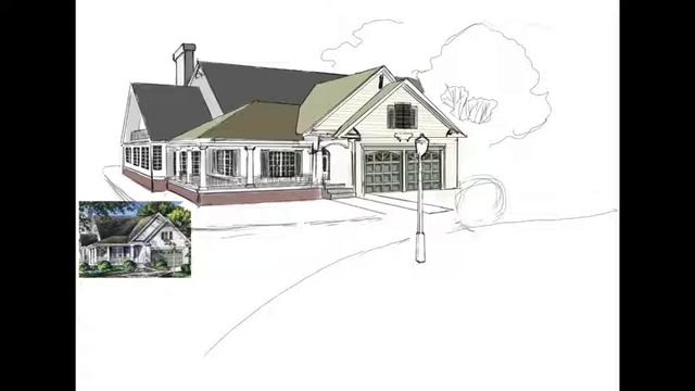 Рисую скетч загородного дома с ландшафтным оформлением входной зоны. смотреть онлайн