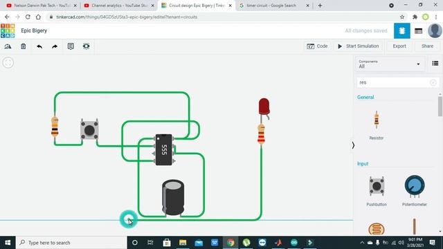 timer circuit with 555 timer in tinkercad | time delay circuit simulation in tinkercad