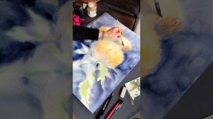 Зимний сюжет, хризантемы в снегу. Процесс рисования, цветы акварелью