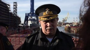 Церемония спуска на воду патрульного корабля ледового класса «Иван Папанин» на Адмиралтейских верфях