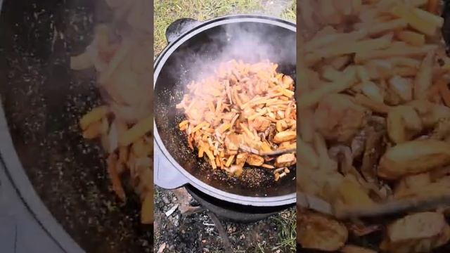 ТУШЁНАЯ КАРТОШКА С МЯСОМ В КАЗАНЕ НА КОСТРЕ смотреть онлайн