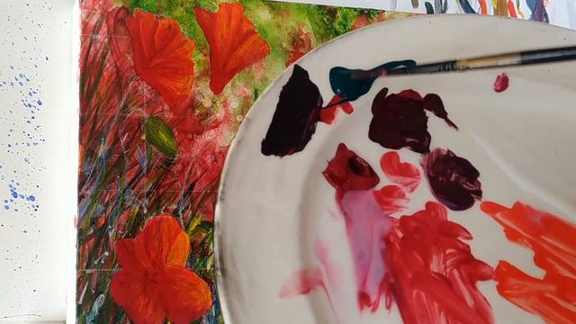 Painting red poppy flowers in acrylic paint and painting a bumblebee in acrylic paint смотреть онлайн