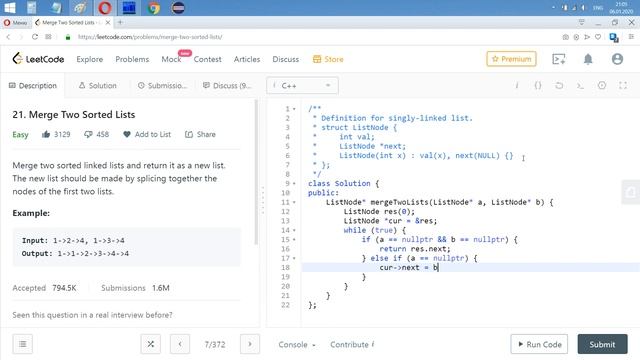 Разбор задачи 21 leetcode.com Merge Two Sorted Lists. Решение на C++ смотреть онлайн