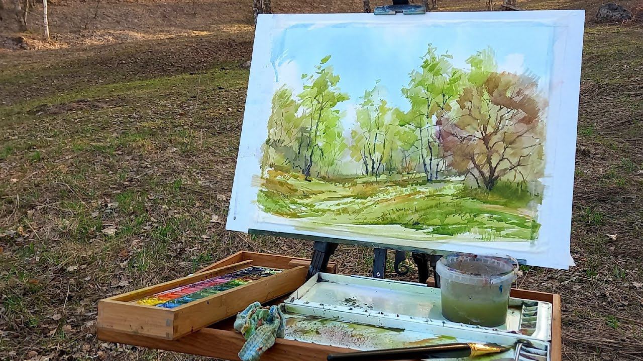Первая зелень, работа акварелью на пленэре, просто и подробно смотреть онлайн