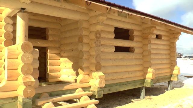 Зимнее строительство  Баня из оцилиндрованного бревна на забивных сваях. Хроники.
