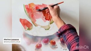 Арбуз и слива, акварель. #watercolor #art #акварель #живопись #графика