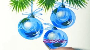 Синие новогодние шары, как нарисовать гуашью.