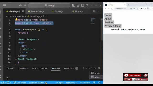 2. Single Page Footer using mapping techniques - Simple Footer with react - scroll