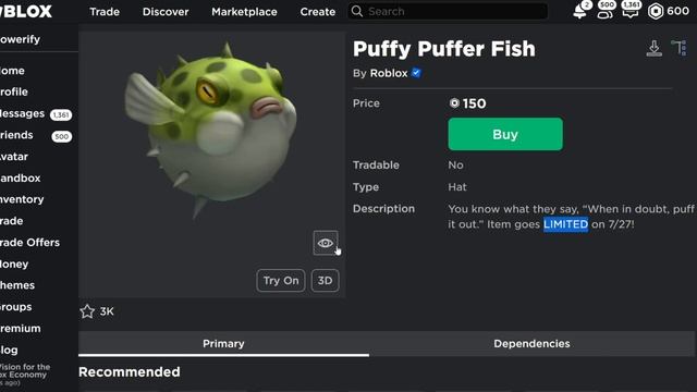 NEW Roblox Limited Puffy Puffer Fish Hat *1 WEEK ONLY* смотреть онлайн