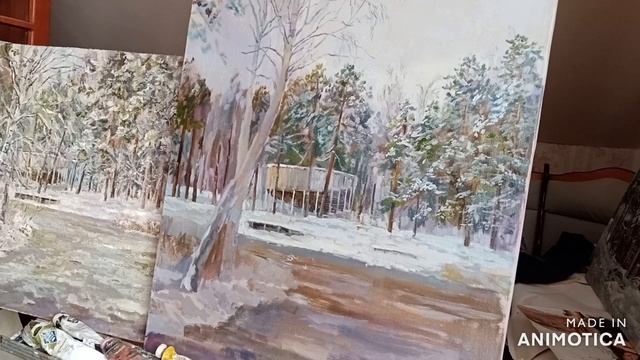 первый снег. зимний пейзаж маслом смотреть онлайн