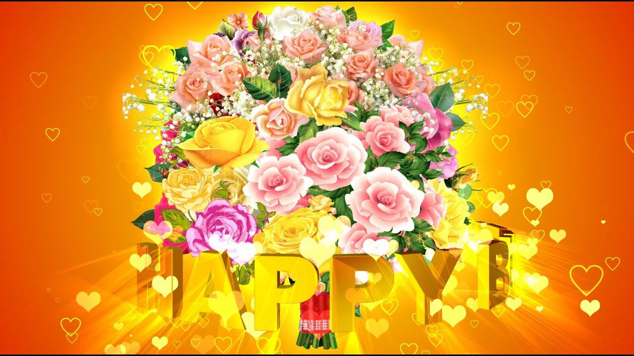 Шикарный футаж HAPPY BIRTHDAY. БУКЕТ РОЗ на коралловом фоне с эффектом сердечек