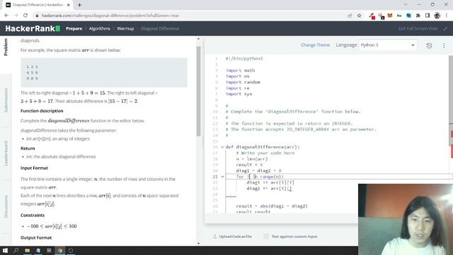 005 Diagonal Difference on Hackerrank Solved in Python!