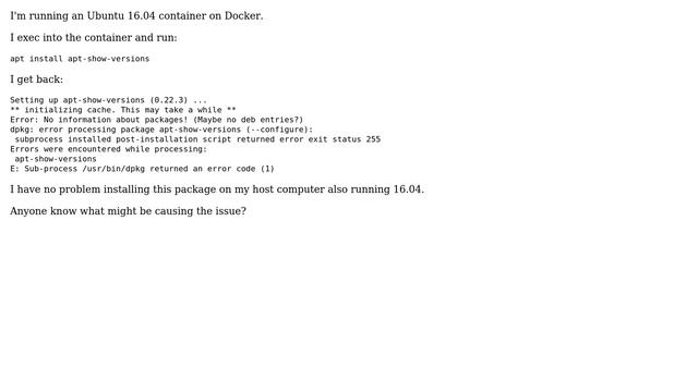 Ubuntu: Install apt-show-versions inside an Ubuntu Docker container смотреть онлайн