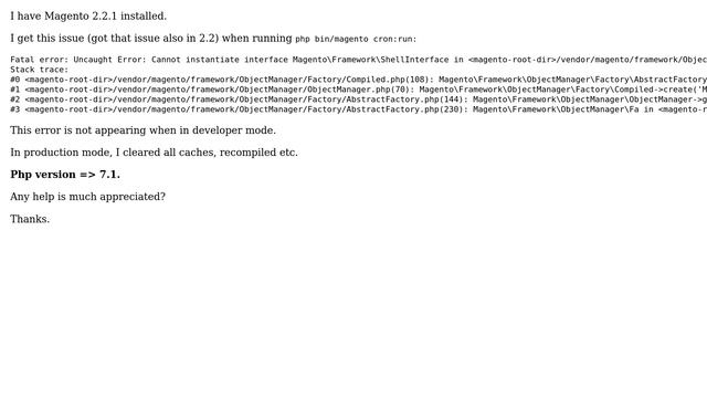 Magento: cron:run Cannot instantiate interface MagentoFrameworkShellInterface смотреть онлайн