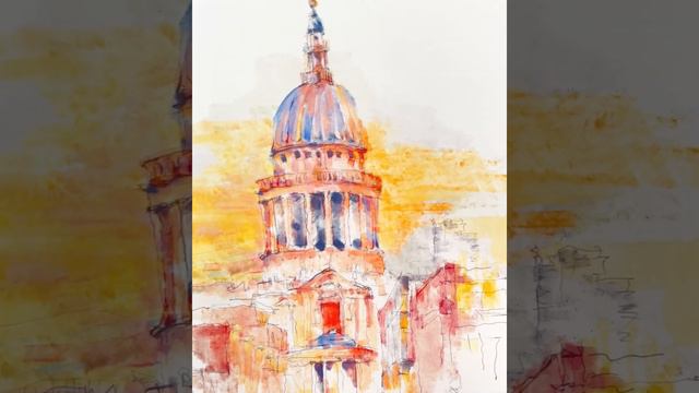 St. Paul's Cathedral, London architecture | Hanging canvas colorful watercolor ink painting