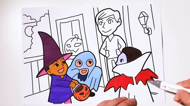 SPOOKY HALLOWEEN COLORING PAGES FOR KIDS - HOW TO DRAW TRICK OR TREAT KIDS IN HALLOWEEN COSTUMES смотреть онлайн