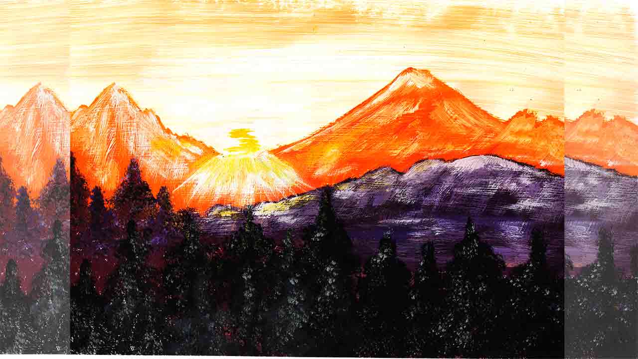 Как нарисовать горы. Как нарисовать солнце в горах.