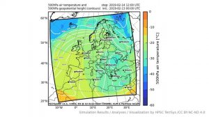 TerrSysMP monitoring run 2019-02-13 - 500hPa air temperature aund geopotential - Europe (72h)