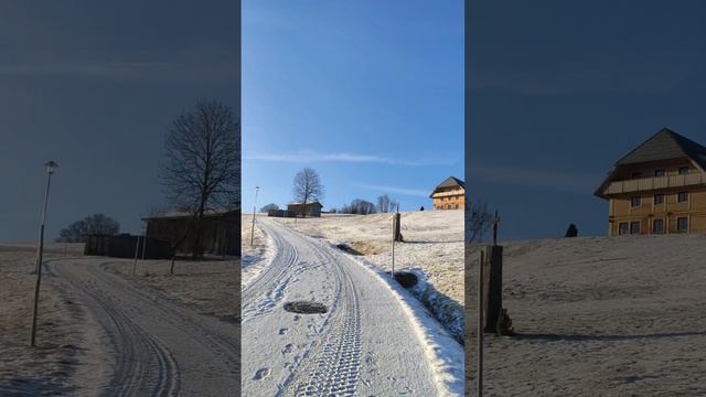 На дороге настоящий снег. 🎵🎵🎵❄️ Он не мокрый, как в низине. Скрипит под ногами. Поднимаюсь ещё выше