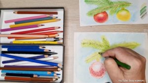Как рисовать еловую ветку карандашами.