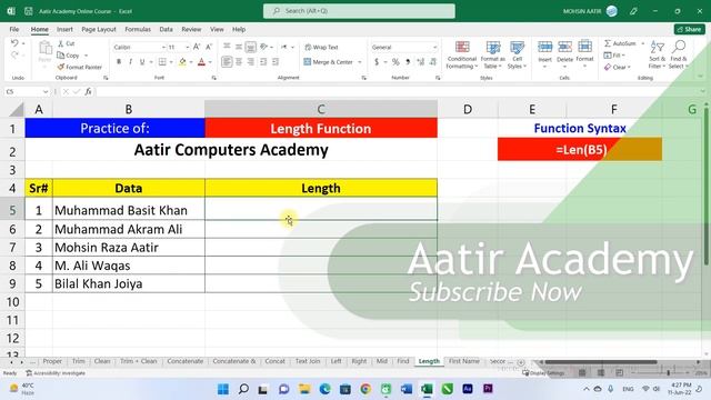 ?️ Length Function Explained in Urdu / Hindi | Learn MS Excel with Aatir Academy 2022