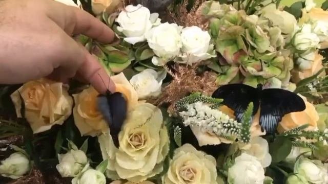 Букет цветов с живыми бабочками