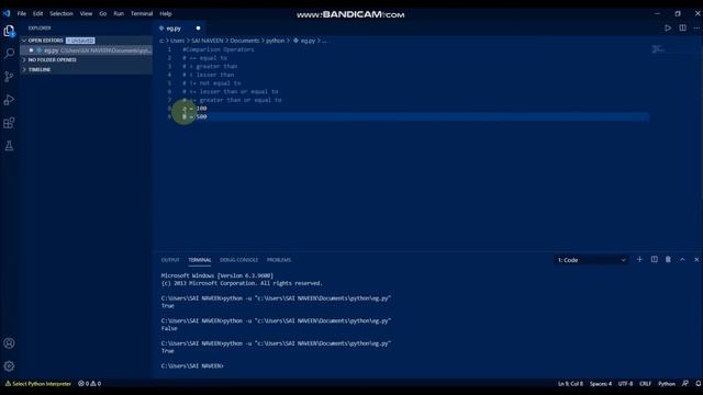 Assignment operators and Comparison operators in python | Tutorial in Tamil | Creative Beings