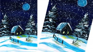 Как нарисовать деревенский домик. Рисуем зимний пейзаж. Домик под луной. Правополушарное рисование.