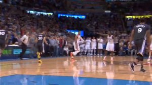 Stephen Curry hits a deep 3 pointer over Andre Roberson for the win !