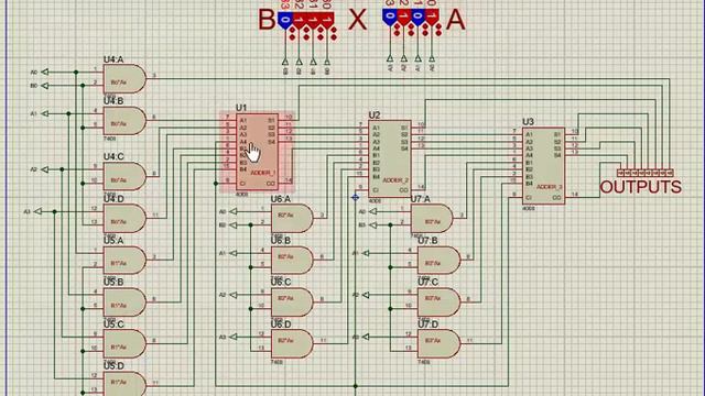 4x4 Bit Binary Multiplaction Using 4-bit Full Adders (on Proteus) смотреть онлайн
