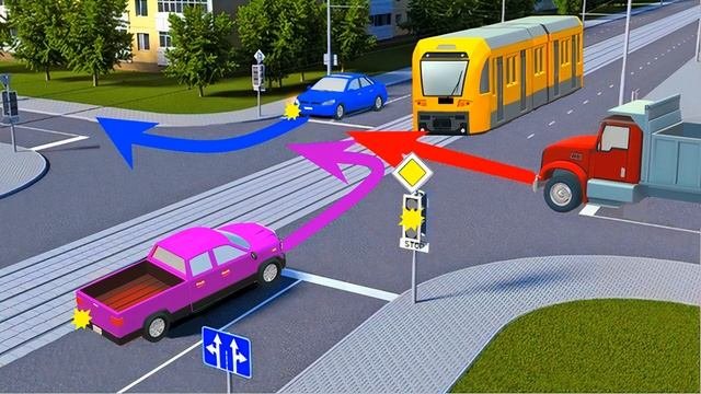 Какое транспортное средство проедет перекрёсток первым, а какое последним?