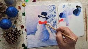 СНЕГОВИК /ЗИМА/ЖИВОПИСЬ АКРИЛОМ/winter snowman/acrylic painting