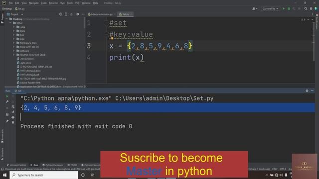 Set in python. Python for beginner. Python Zero To Mastery course. Python in hindi.