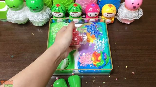 GREEN vs RAINBOW Slime !!! Mixing random into GLOSSY slime !!!Satisfying Tom Slime 2051