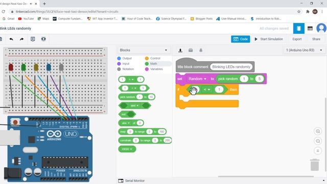 Blink 5 LEDs Randomly using Arduino in Tinkercad [Tinkercad Circuit] [Aruino Block Code]