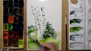 Рисуем пейзаж с березами  акварелью /  Drawing a landscape with birches in watercolor