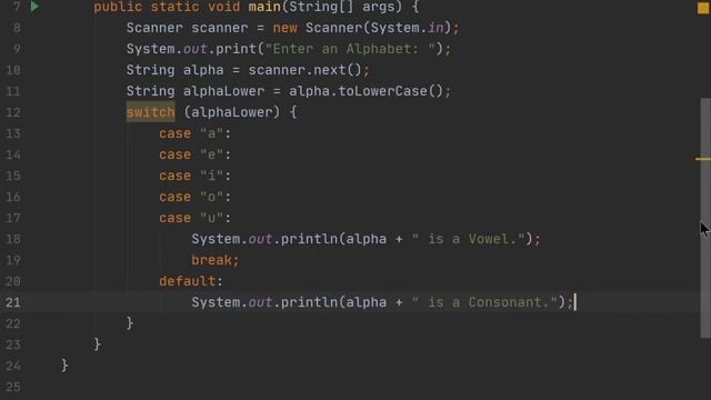 Java Program to Check Whether an Alphabet is Vowel or Consonant using switch case