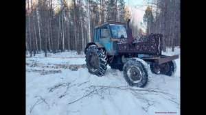 На МТЗ-80 в лес по льду и грязи на цепях! MTZ-80 tractor on ice and mud