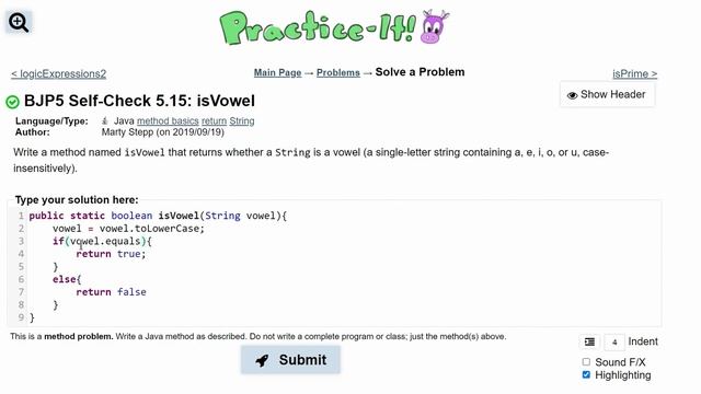 Java Practice It || 5.15 isVowel || boolean method with string parameter, .equals(), .toLowerCase() смотреть онлайн
