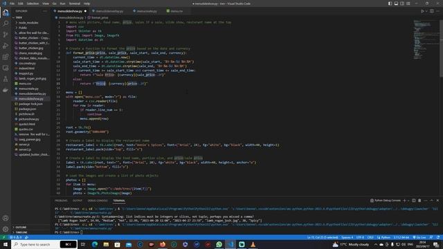Python Data Science : Code walk though : Restaurant menu with prices showing on a screen in store.
