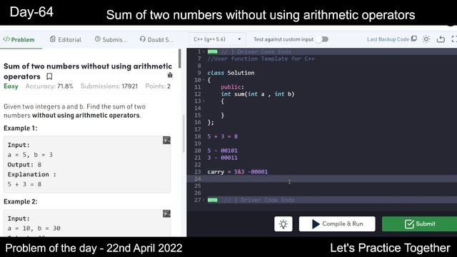 Sum of two numbers without using arithmetic operators | gfg POTD | 22nd April | Let's Practice смотреть онлайн