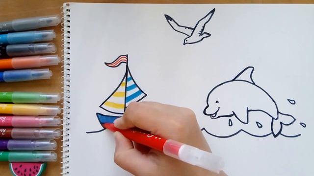 Как нарисовать ребенку кораблик на море, чайку, дельфина смотреть онлайн