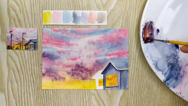 Как нарисовать закат акварелью. Прекрасный закат в домах. Акварель для начинающих