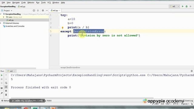 How to handle exceptions: example of ZeroDivisionError exception - Lesson 127