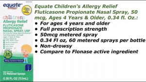 Equate Children's Allergy Relief Fluticasone Propionate Nasal Spray, 50 mcg, Ages 4 Years & Older,