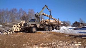 УРАЛ ЛЕСОВОЗ.РАЗГРУЖАЕТ ДРОВА.