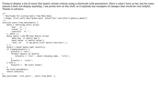 Wordpress: Shortcode for Listing Users from Meta Value? смотреть онлайн