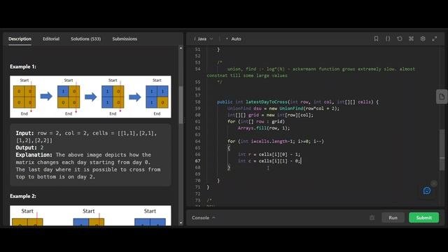 Last Day Where You Can Still Cross | | LeetCode 1970 | Union Find Approach |  Java