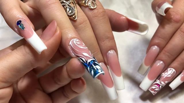 Длинные ногти. Новогодний дизайн. Swarovski . Арочный квадрат. Выкладной френч. Арт френч. Паста EM
